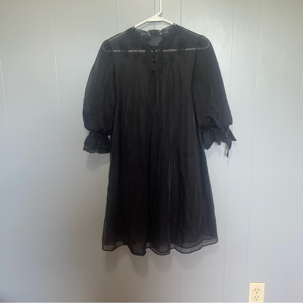 Vintage Black Sheer Three Button Housecoat Small